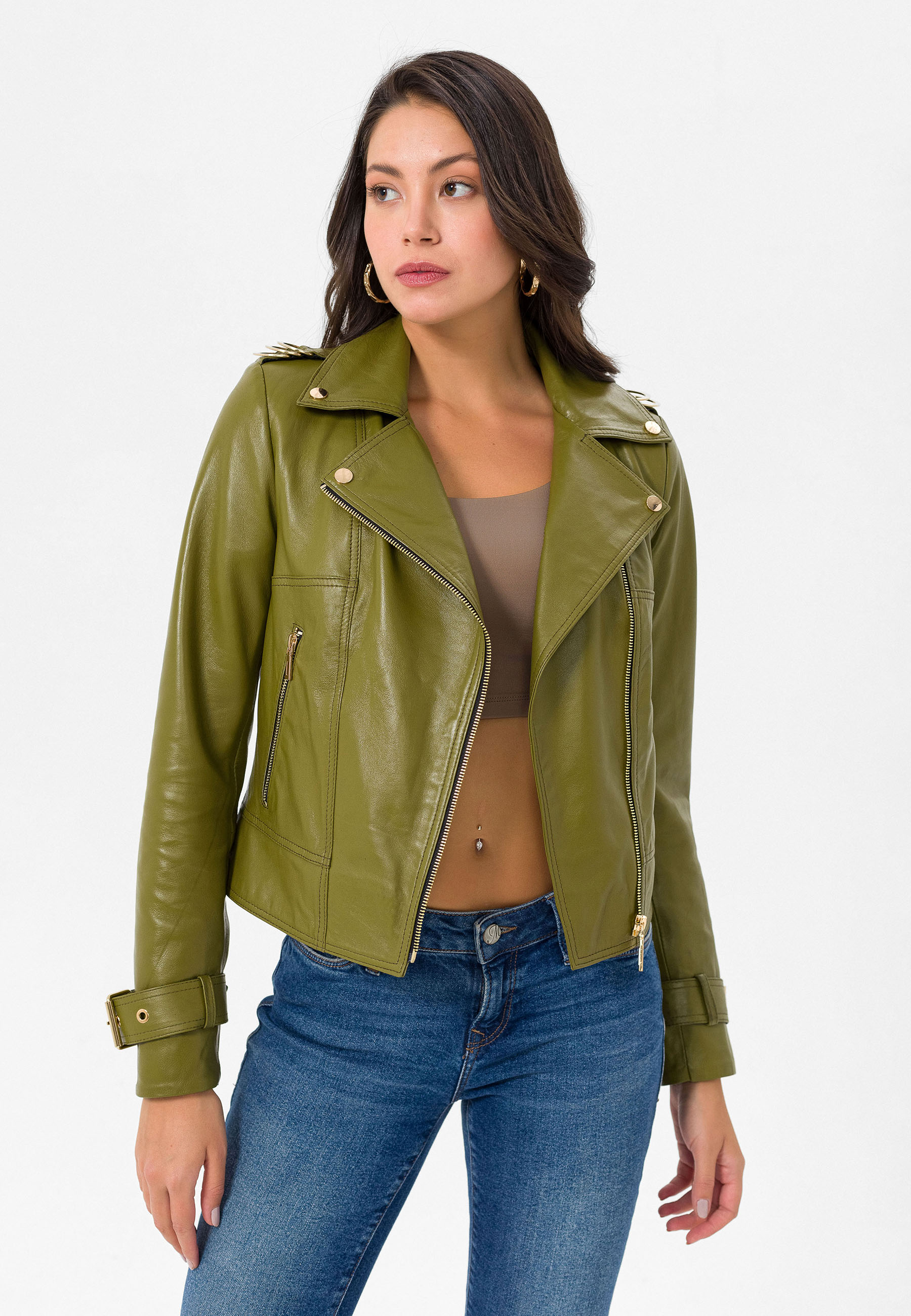 Women's Olive Green Biker Leather Jacket